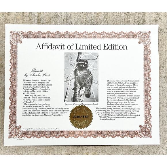 1984 Charles Fracé “Bandit, Raccoon” Large Signed Lithograph Print 30”X22” w/COA - Picture 12 of 14